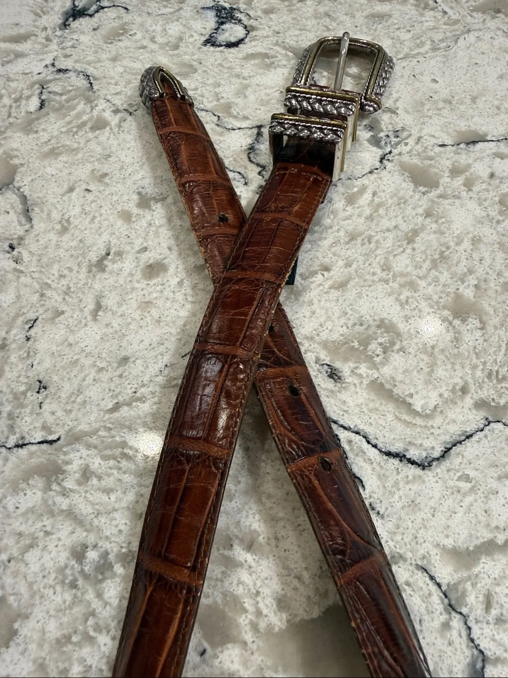 Brighton Vintage Brown Croc Embossed Leather Belt Silver Gold Western Buckle